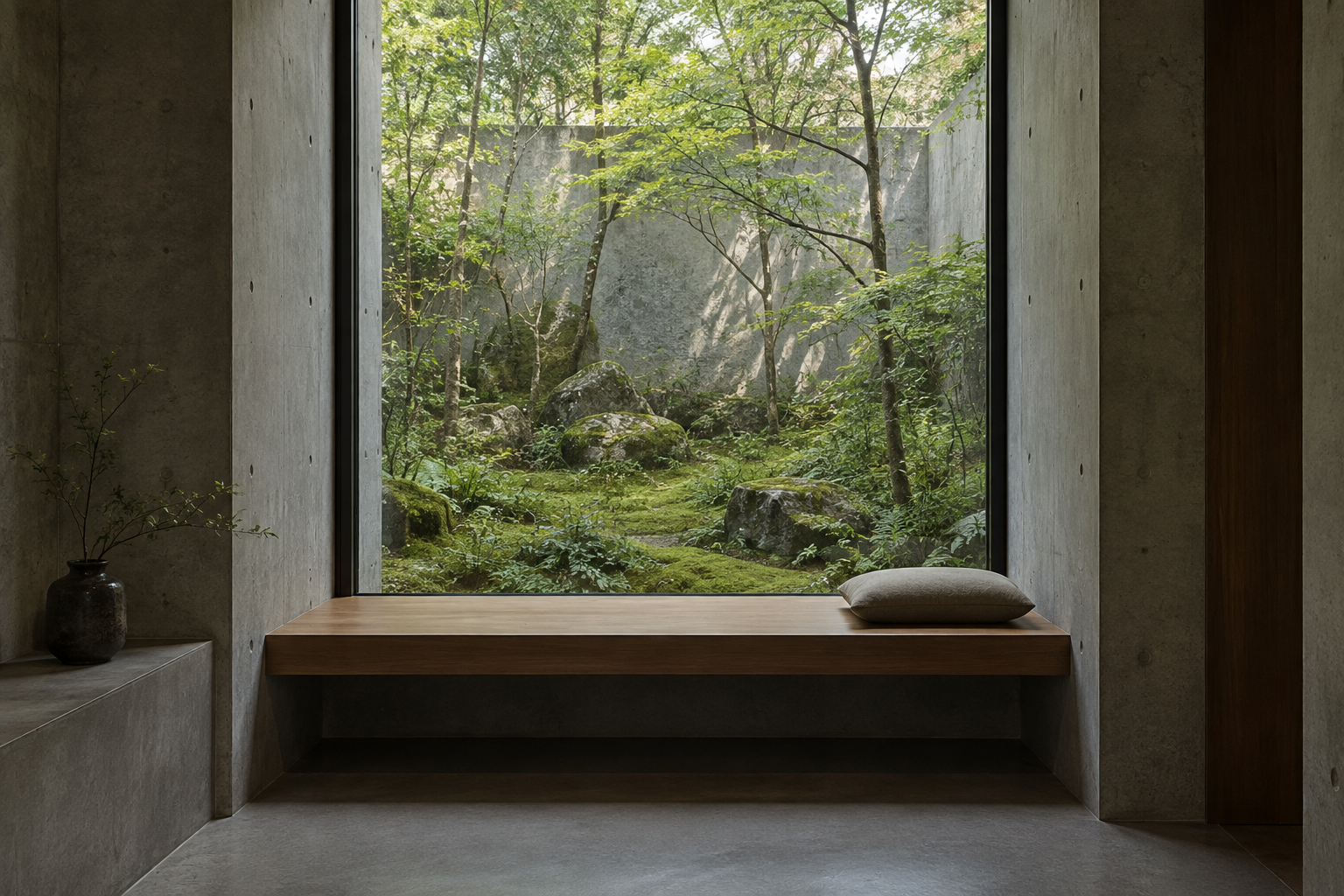 A sheltered window seat facing a courtyard