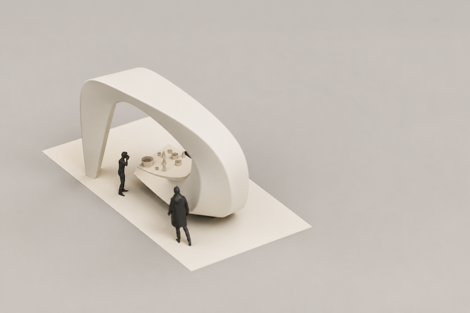 Pavillion, a curved white spatial enclosure with a counter and people
