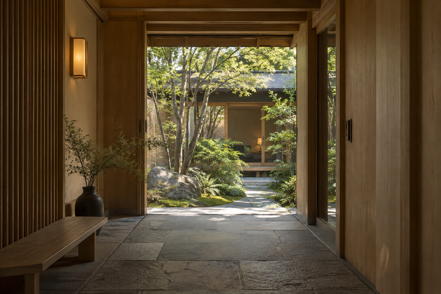 A timber passage opening towards a garden